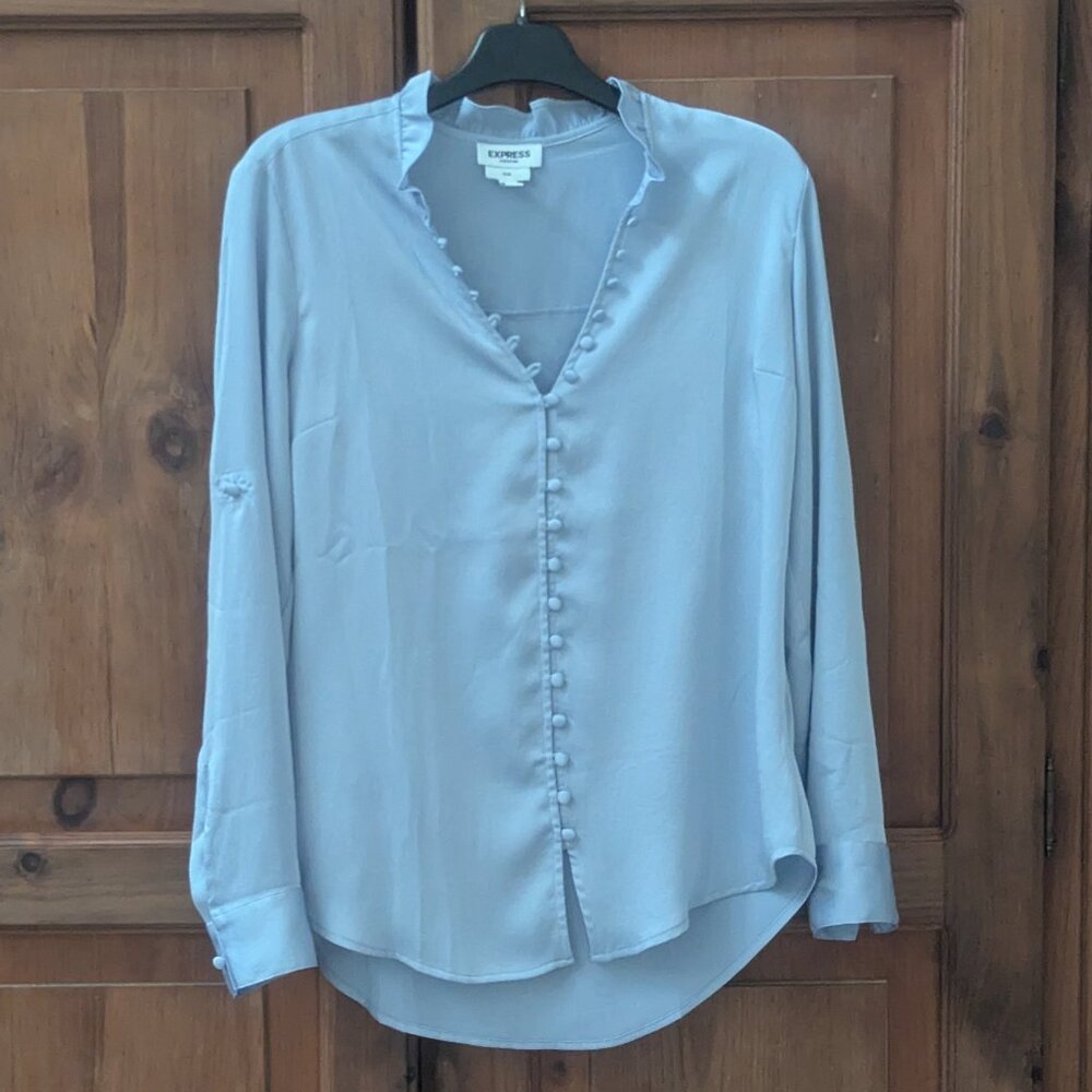Express Slim Ruffle Covered Button Portofino Shirt in Slate Blue Size Small